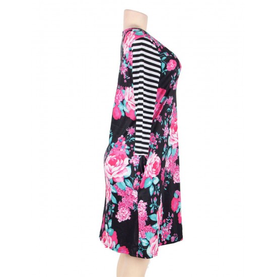 Plus Size Black Floral Print Stripe Raglan Sleeve Dress