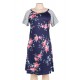 Floral Print Navy Blue Backdrop A-line Loose T-shirt Dress