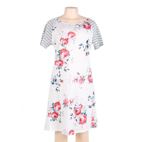 Floral Print White Backdrop A-line Loose T-shirt Dress