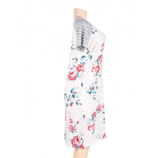 Floral Print White Backdrop A-line Loose T-shirt Dress