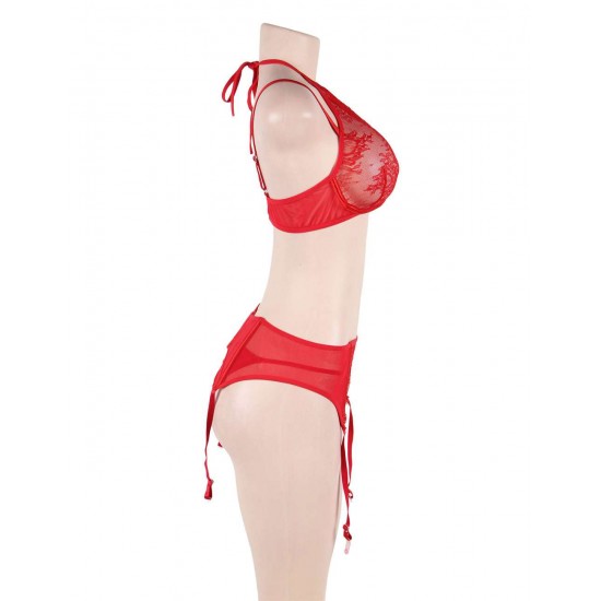 Sexy Bra Panty Set 3pcs Red Eyelash Lace 