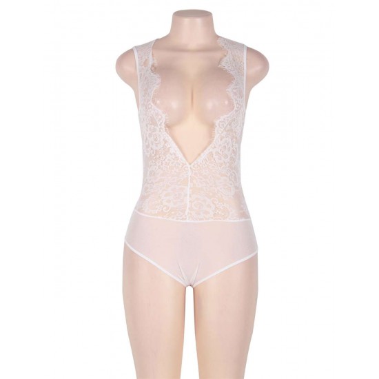 White Eyelash Sheer Mesh Lace Sexy Teddy