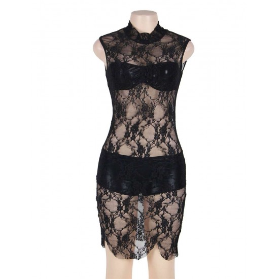 High Neck Black Lace Sleeveless Lingerie Set