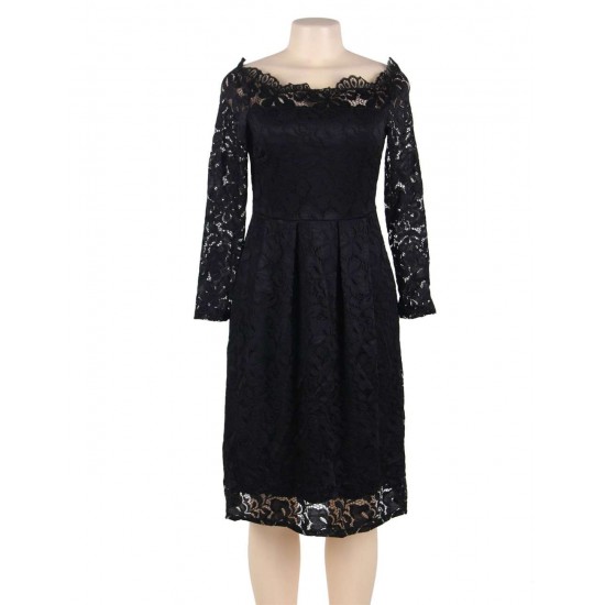 Long Sleeve Fashion Black Lace Midi Dress