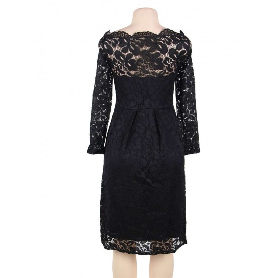 Plus Size Black Lace Long Sleeve Off Shoulder Dress