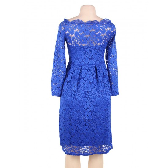 Long Sleeve Scalloped Blue Lace Midi Dress