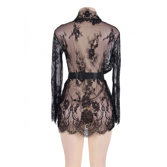 Eyelash Black Lace Sleepwear Gown