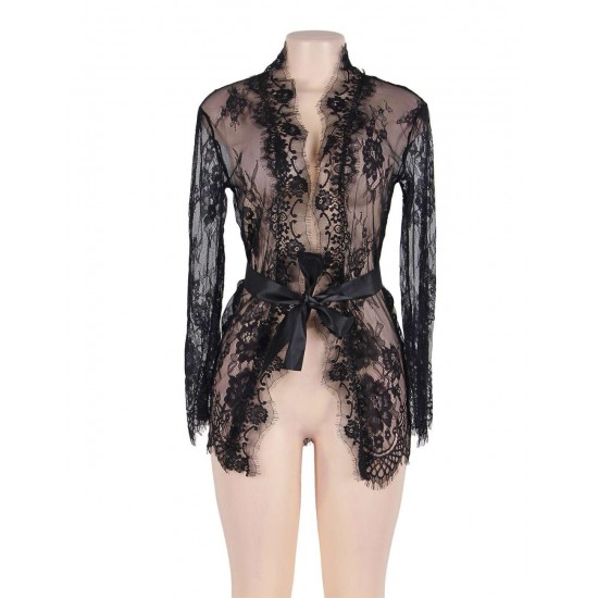 Plus Size Black Delicate Lace Sleepwear Gown