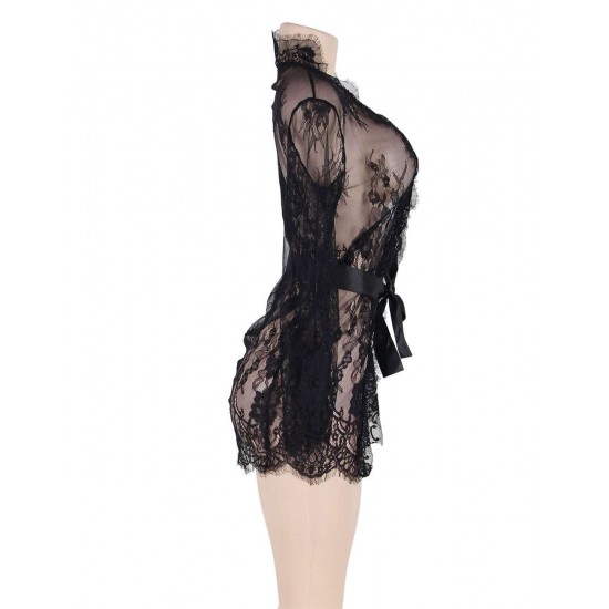 Plus Size Black Delicate Lace Sleepwear Gown