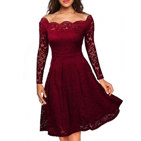 Plus Size Red Lace Long Sleeve Off Shoulder Dress