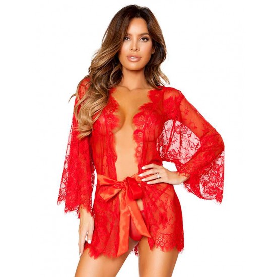 Plus Size Red Belted Lace Eyelash Sleepwear Gown