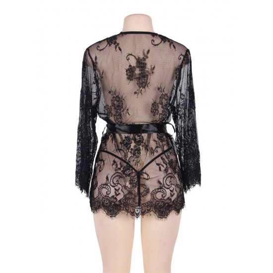 Black Belted Lace Kimono Sleepwear 