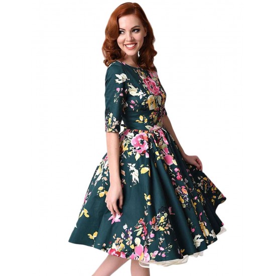 Half Sleeve Jasper Vintage Style Floral Swing Dress