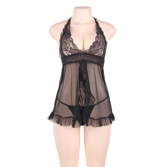 Plus Size Black Sheer Mesh Babydoll Lingerie Set