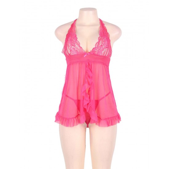 Halter  Pink Sheer Mesh Lace Lingerie Set