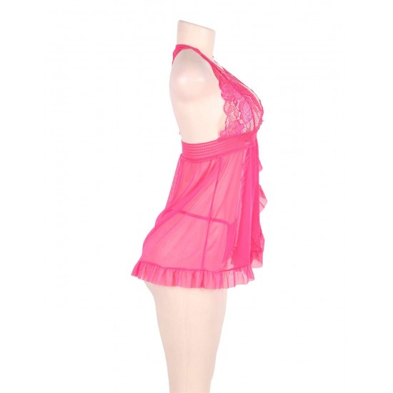 Plus Size Pink Sheer Mesh Babydoll Lingerie Set