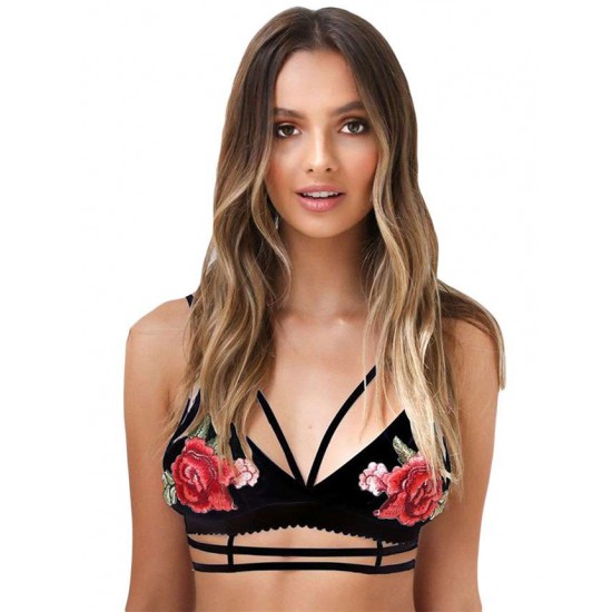 Plus Size Rose Embroidery Black Bralette 