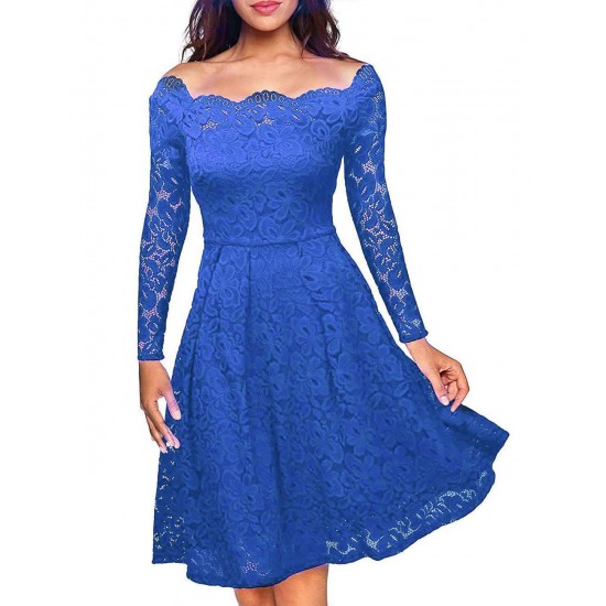 Long Sleeve Scalloped Blue Lace Midi Dress