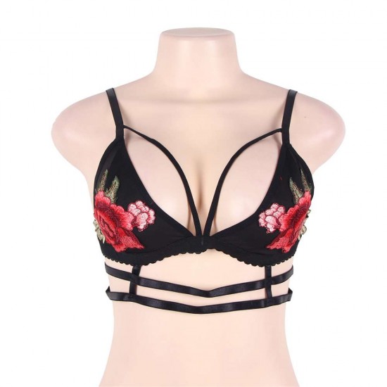 Rose Embroidery Black Double Caged Bralette