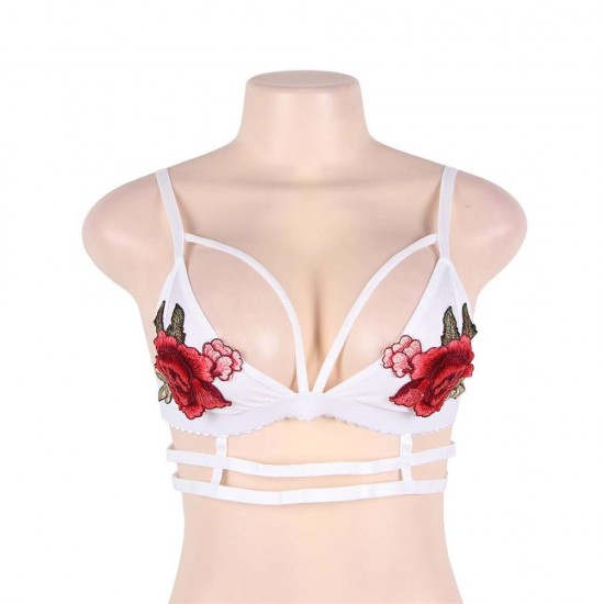 Plus Size Rose Embroidery White Bralette 