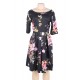 Half Sleeve Black Vintage Style Floral Swing Dress