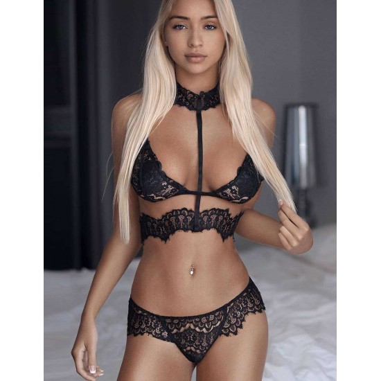 Seductive Strappy Choker Black Lace Bra Set