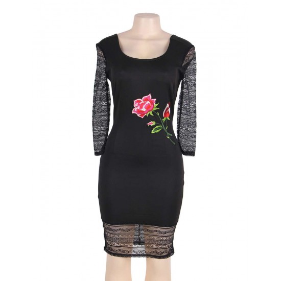 Black Lace Floral Embroidery Bodycon Dress