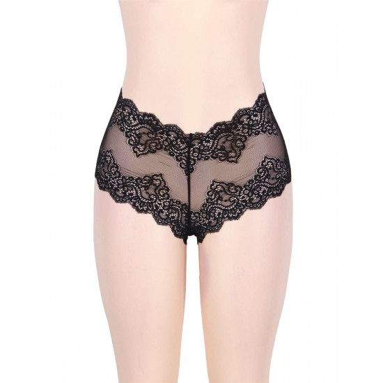 Plus Size Sexy High Waist Floral Lace Black Panty