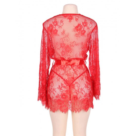 Red Belted Lace Eyelash Sleepwear Gown