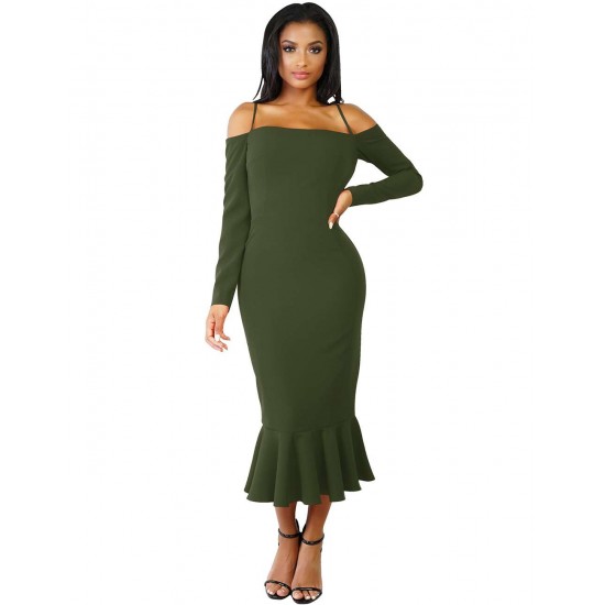 Ruffle Off-Shoulder Midi Dark Green Bodycon Dress