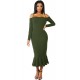 Ruffle Off-Shoulder Midi Dark Green Bodycon Dress