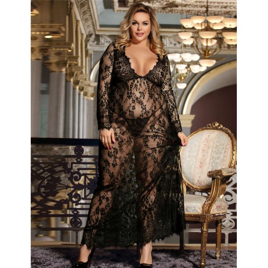 Plus Size Black Delicate Lace Long Sleepwear Gown