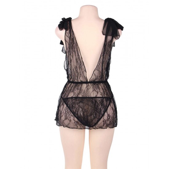 Black lace deep V Babydoll