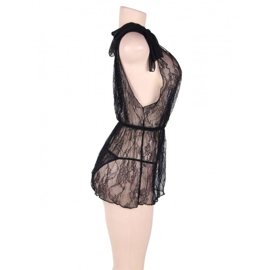 Plus Size Black lace deep V Babydoll