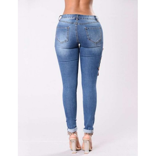 Top Design Embroidery  Ripped Women Jeans 