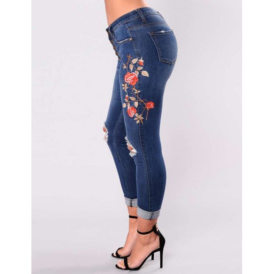 Top Design Embroidery  Ripped Women Jeans 