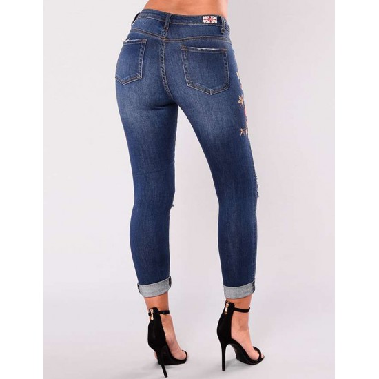 Top Design Embroidery  Ripped Women Jeans 