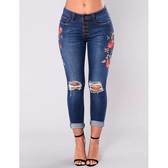 Top Design Embroidery  Ripped Women Jeans 