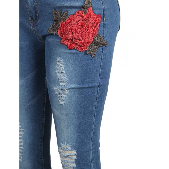 Top Design Embroidery  Ripped Women Jeans 