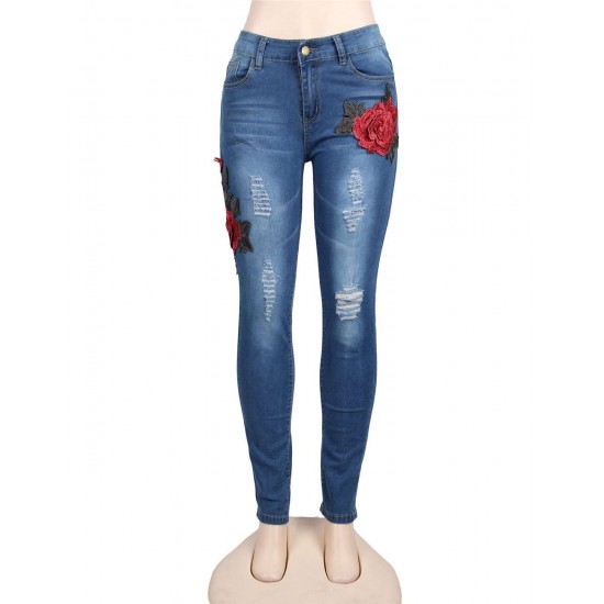 Top Design Embroidery  Ripped Women Jeans 