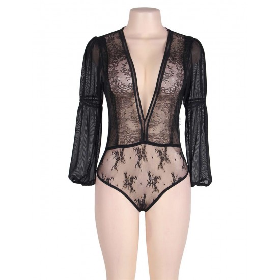 Plus Size Exquisite Black Lace Sleeve Teddy