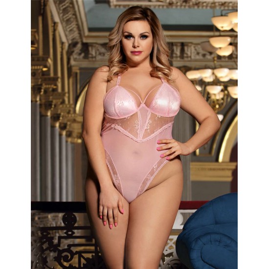 Plus Size Pink Seduction See Through Lace Sexy Teddy