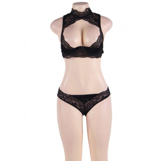 Black High Neck Lace Bra Set