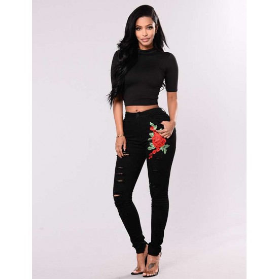 Top Design Embroidery  Ripped Women Jeans 