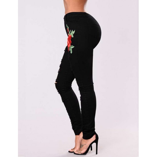 Top Design Embroidery  Ripped Women Jeans 