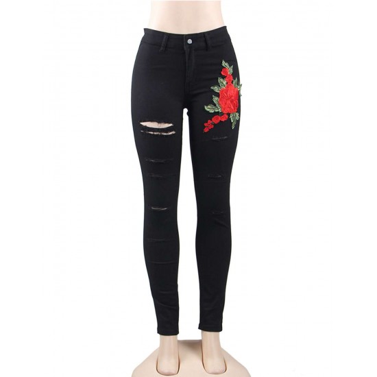 Plus Size Top Design Embroidery  Ripped Women Jeans 