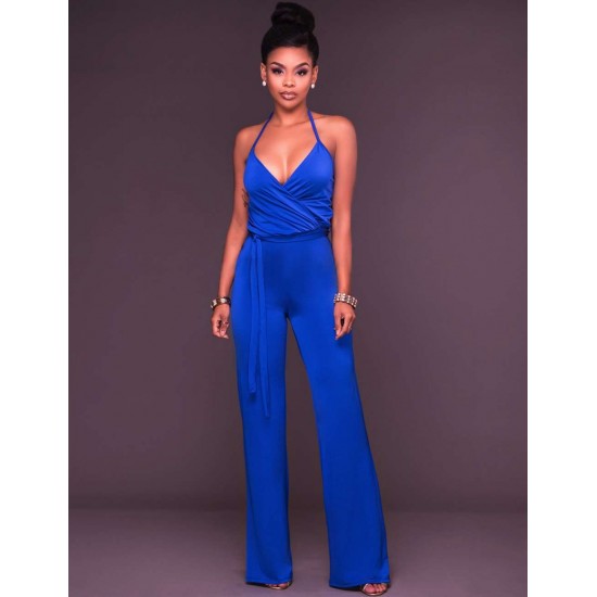 Blue Wide Leg Halter Jumpsuit