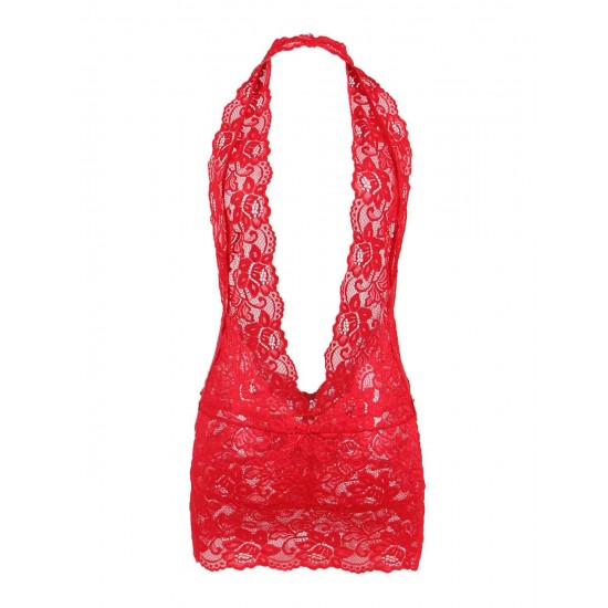 Plus Size Valentine's Day Red lace Deep V Collar Chemise Dress