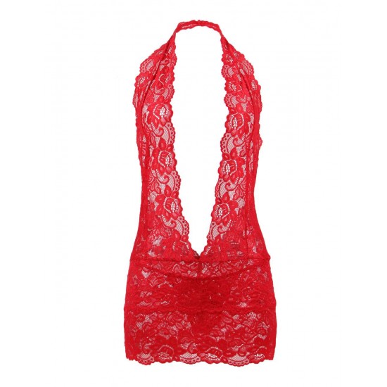 Plus Size Valentine's Day Red lace Deep V Collar Chemise Dress