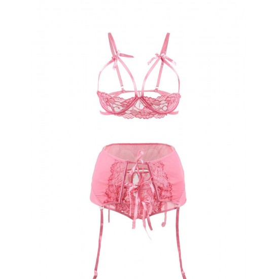 Pink Lace 3 Piece Open Bust Bra Set